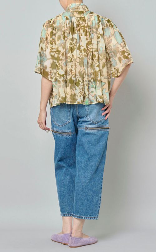 コットンプリントギャザーブラウス