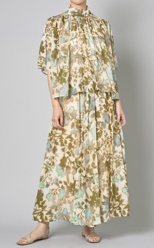 コットンプリントギャザーブラウス