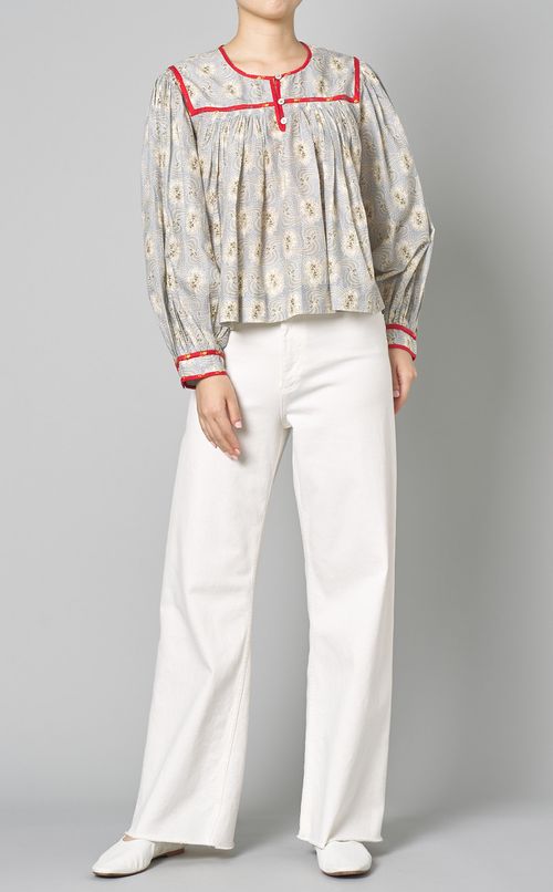 プリントプリーツスモックブラウス