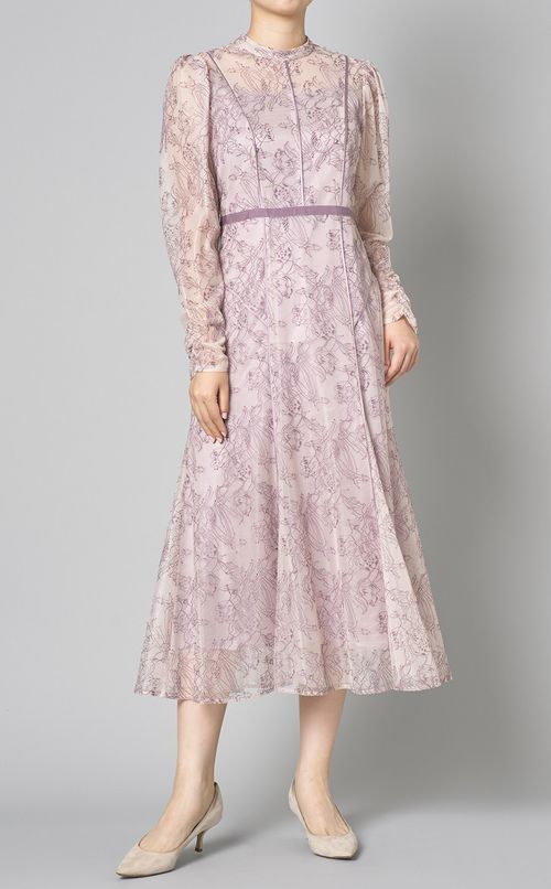 レースパイピングプリントドレス