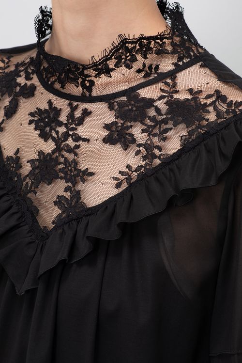 ハイネックヨークレースギャザーブラウス