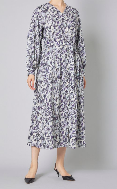 ベルト付ボタニカルプリントワンピース