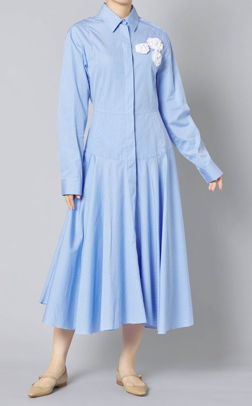 コットンストライプコサージュワンピース