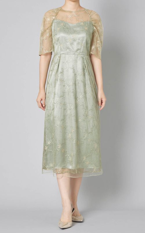 フラワー刺繍オーガンジーコンビドレス