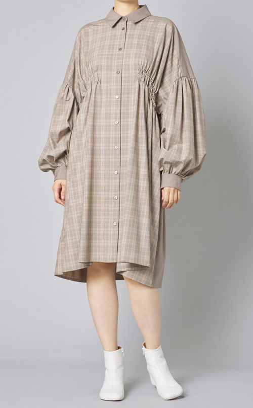 チェックプリントギャザーワンピース