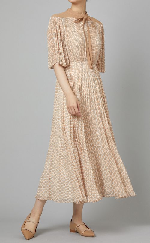 リボン付プリントプリーツワンピース