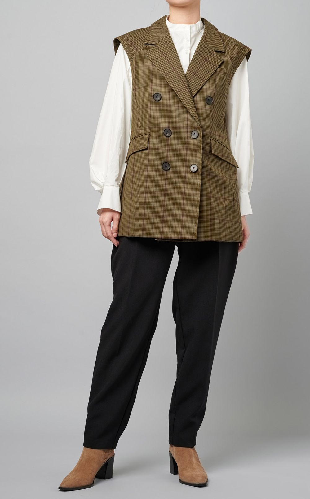 近年モデル styling/ チェックノースリーブジャケット ダブルベスト ジレ styling/|チェックノースリーブジャケット