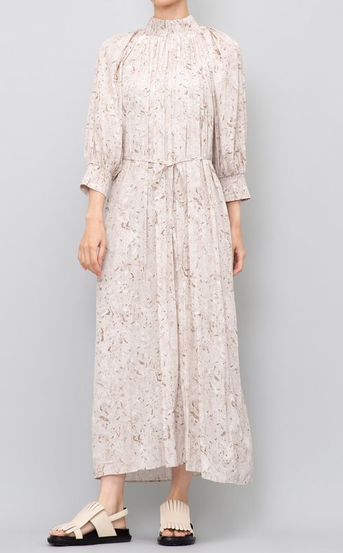 ギャザーハイネックプリントワンピース