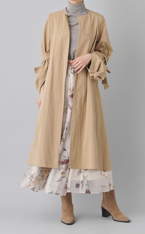 ツイル袖リボンノーカラーコート