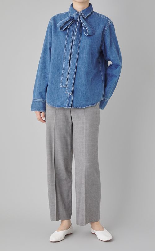 ボウタイ付きシャツカラーデニムシャツ