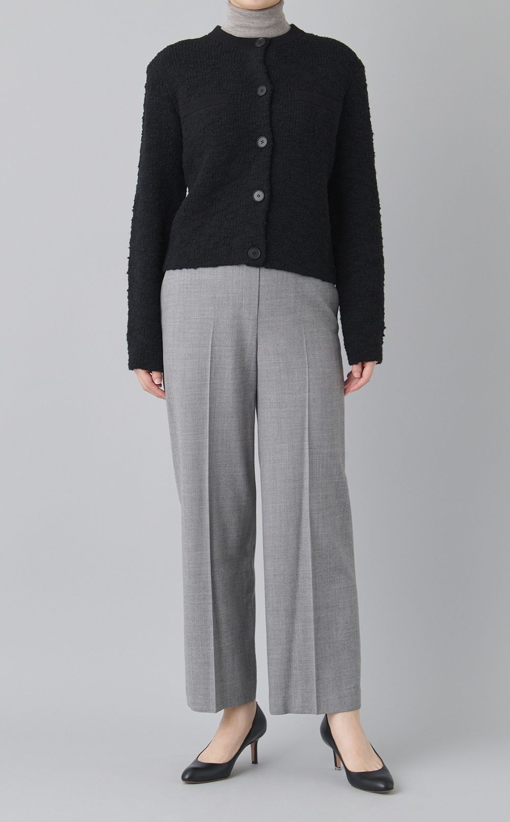 ノーカラーニットジャケット