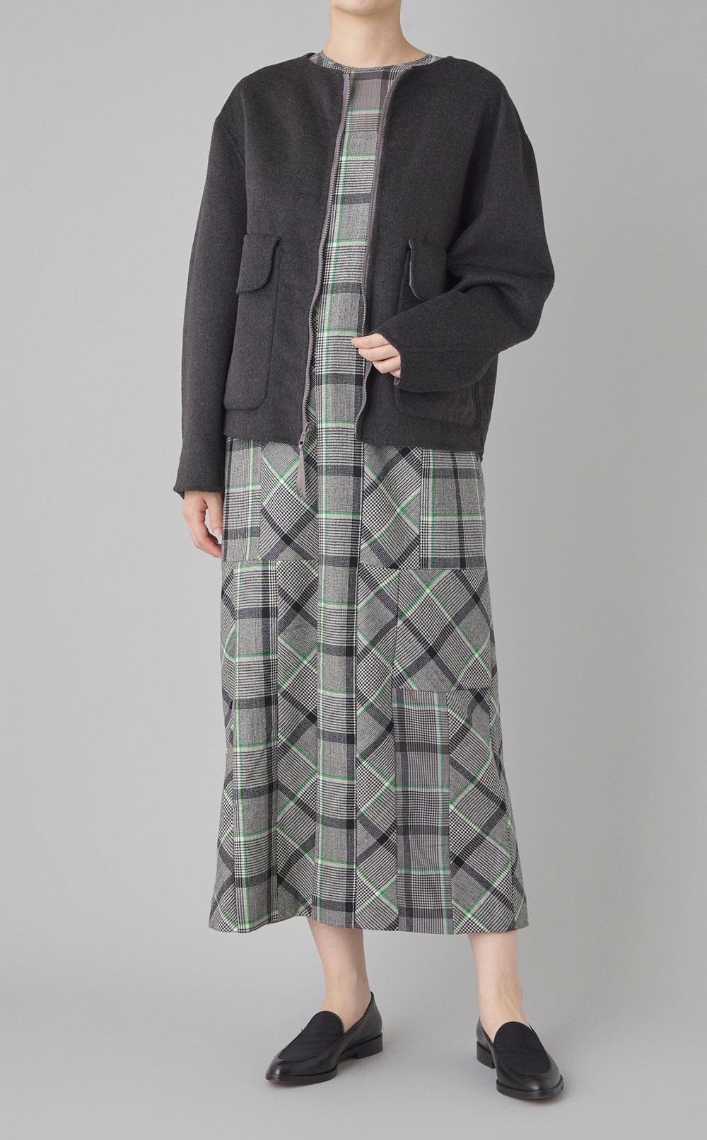 チェックプリントハーフシアーワンピース