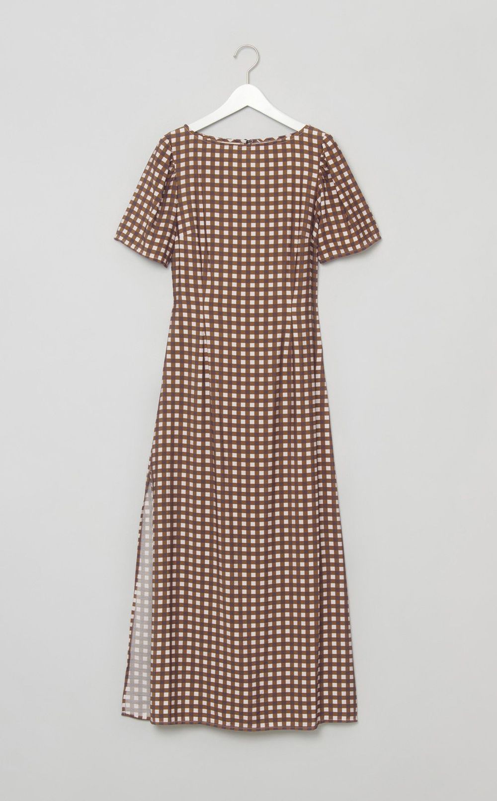 ブラウンギンガムロングワンピース