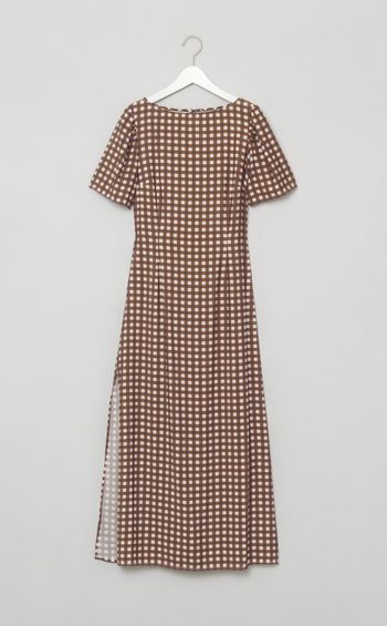 ブラウンギンガムロングワンピース