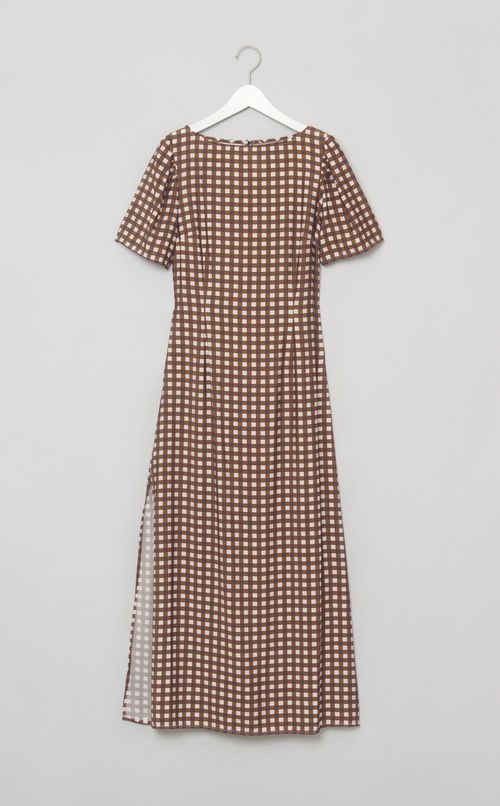 ブラウンギンガムロングワンピース