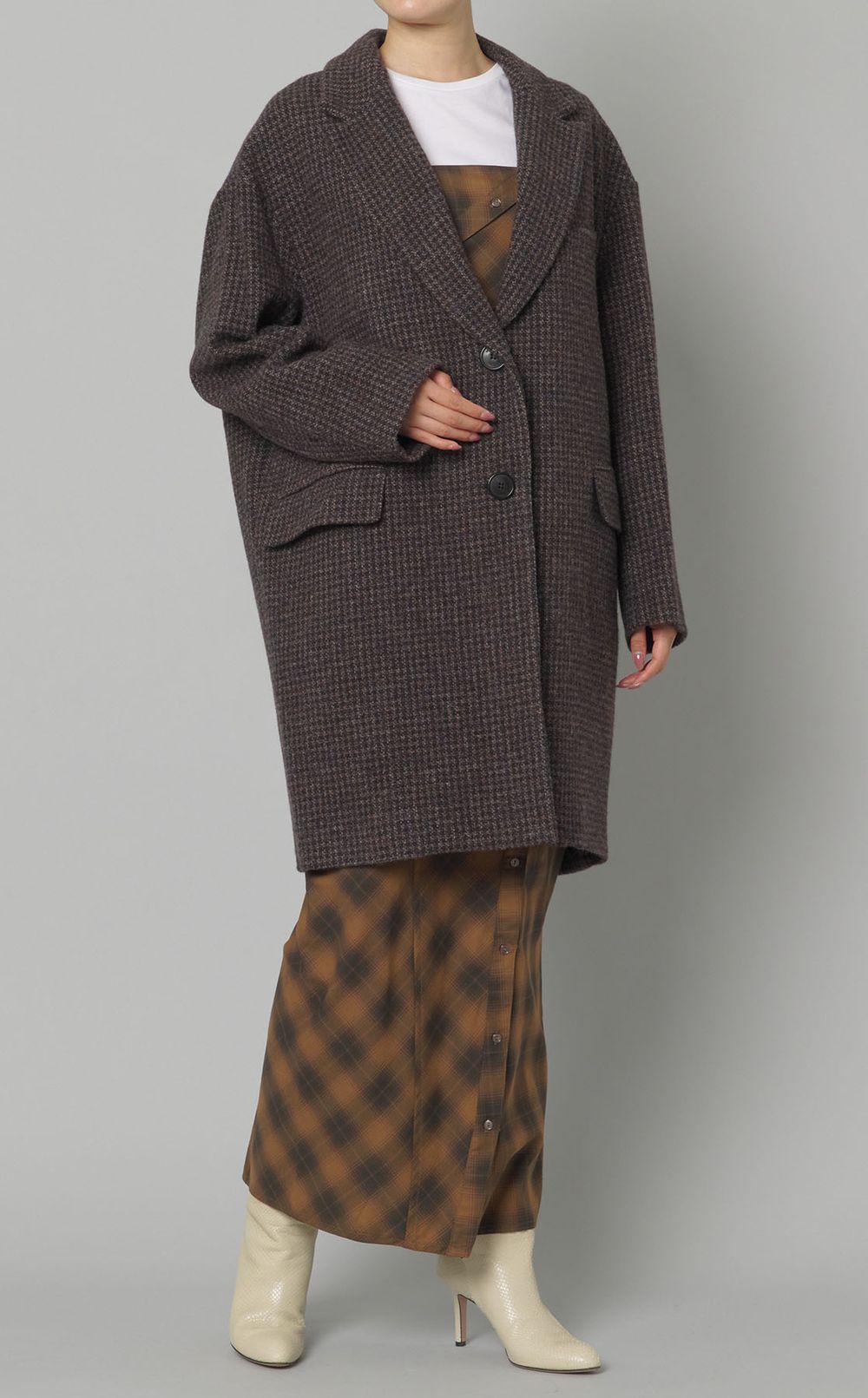 ウールチェックテーラードミディコート