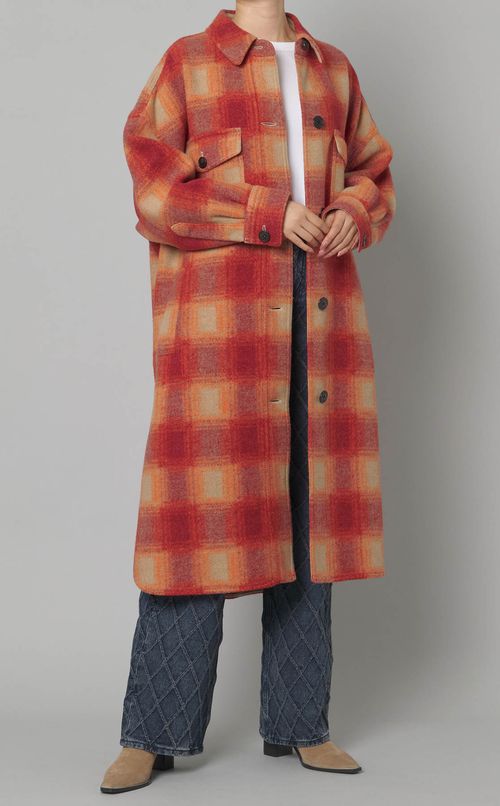 ウールチェックロングシャツコート