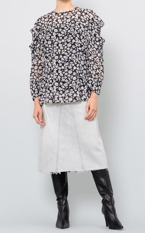 フラワープリントタックスリーブブラウス