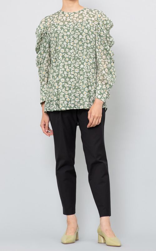 フラワープリントタックスリーブブラウス