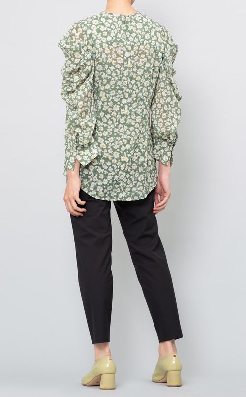 フラワープリントタックスリーブブラウス