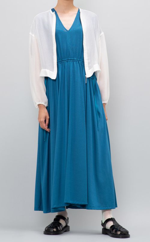 Vネックギャザーフレアワンピース