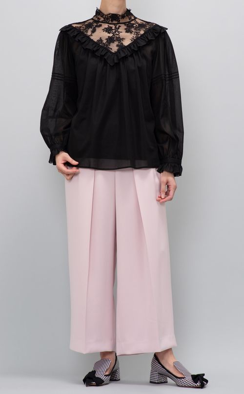 ハイネックヨークレースギャザーブラウス