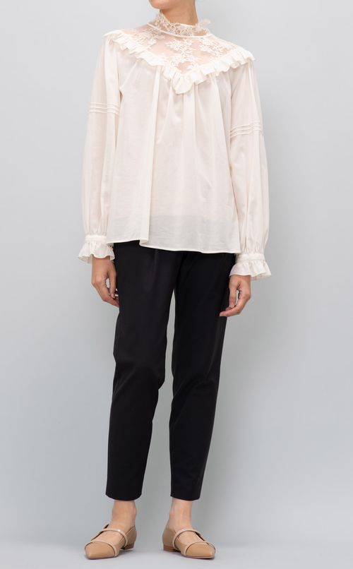 ハイネックヨークレースギャザーブラウス