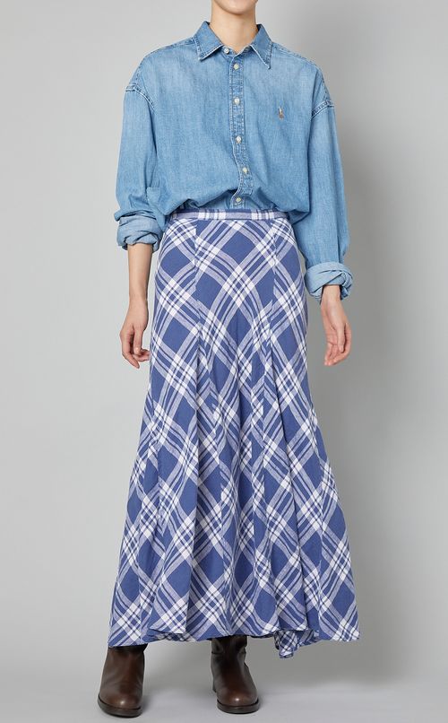 リネンチェックプリントロングスカート