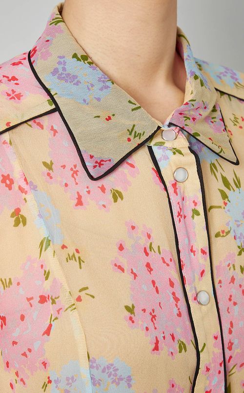 フラワープリン卜シースルーブラウス