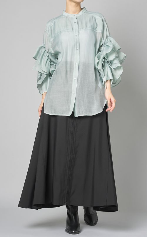 フリルスリーブバンドカラーシャツ