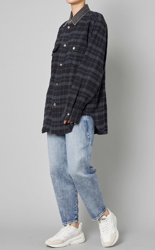 デニム切替スナップチェックシャツ