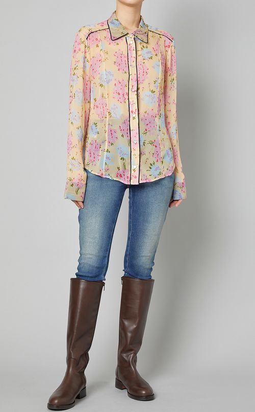 フラワープリン卜シースルーブラウス