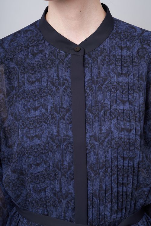 フラワープリントスタンドカラーワンピース