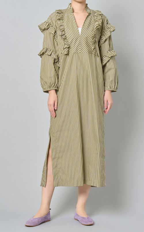 コットンストライプフリルワンピース