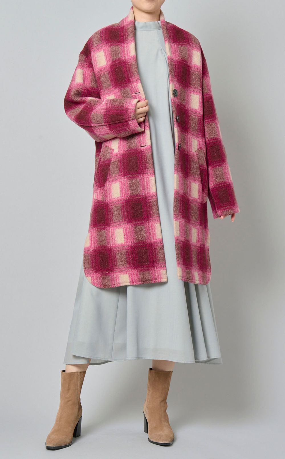 ウールチェックショールカラーコー卜