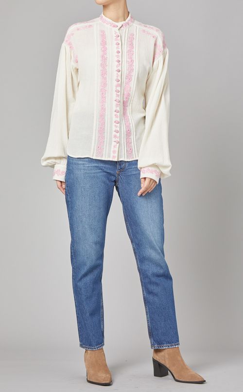 フラワー刺繍スタンドカラーシャツ