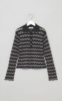 ウェーブ柄スキッパーポロニットトップス