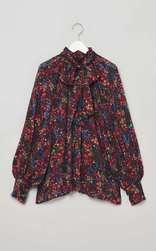 ミニフラワープリン卜ボウタイブラウス