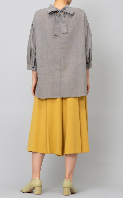 バックリボンチェックパフスリーブブラウス