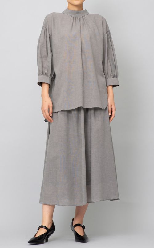 バックリボンチェックパフスリーブブラウス