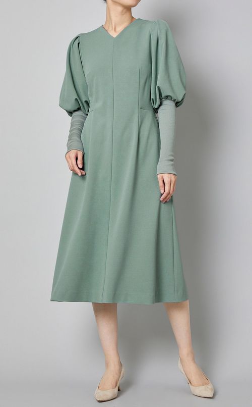 Vネックリブニットスリーブワンピース