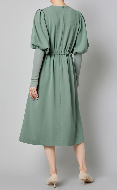 Vネックリブニットスリーブワンピース