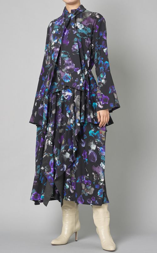 フラワープリントボウタイフレアワンピース