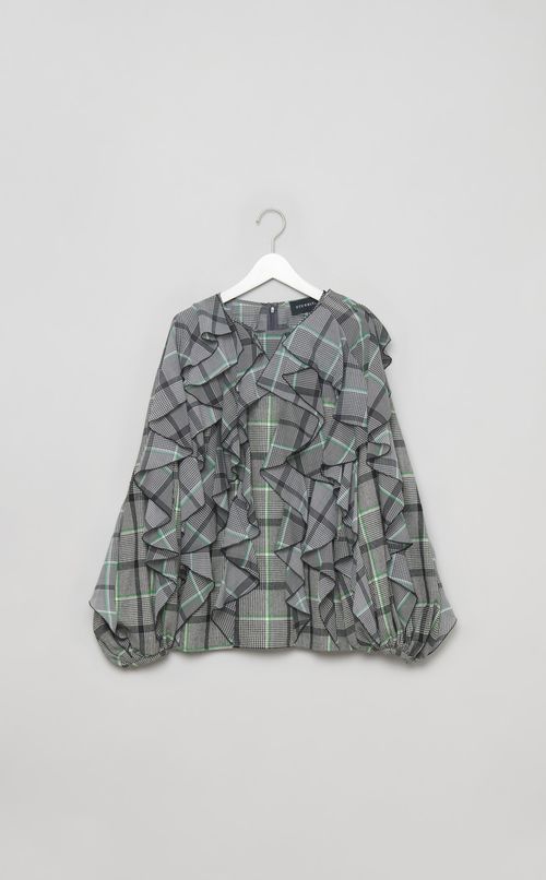 チェックプリントラッフルブラウス