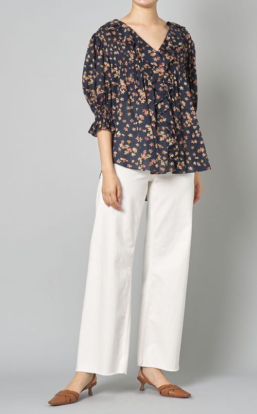 フラワープリントプリーツフレアブラウス