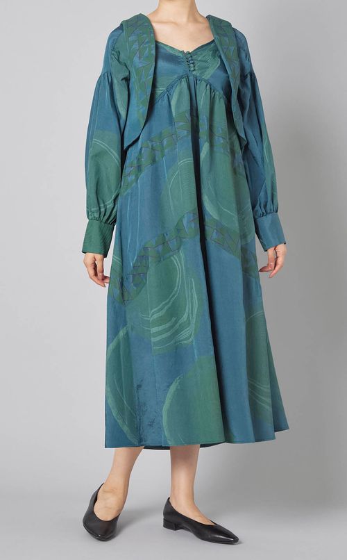 ウッドプリントギャザーワンピース