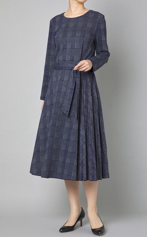 グレンチェックプリーツ切替ワンピ一ス
