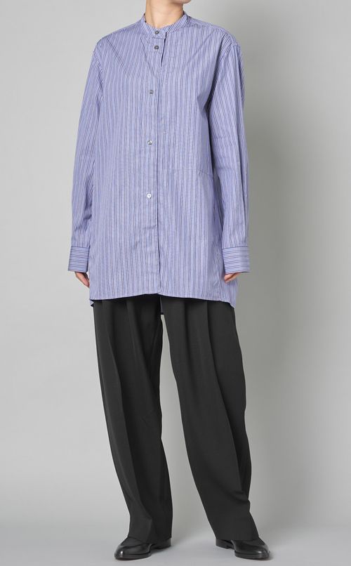 コットンストライプバンドカラーシャツ