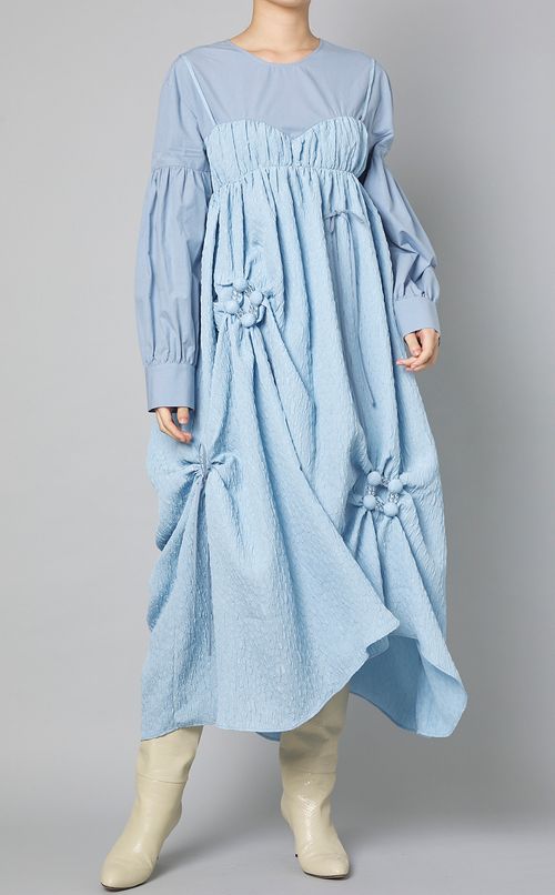 ギャザー切替ビーズモチーフワンピース