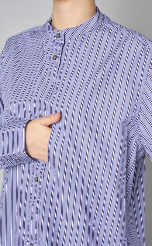 コットンストライプバンドカラーシャツ